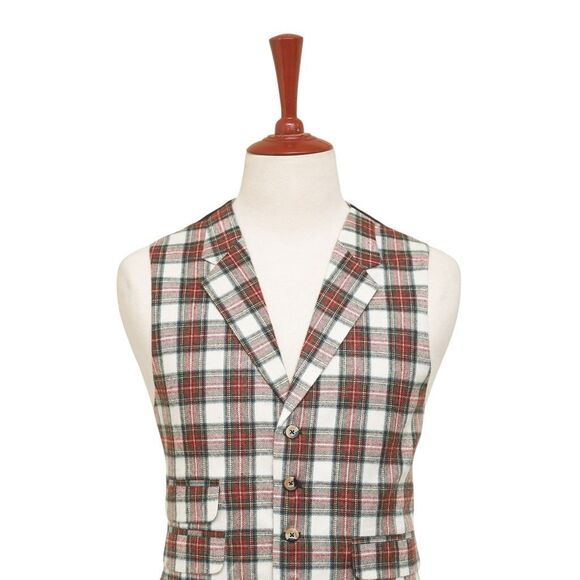 Mens Tartan Plaid Vest 44R White Red Green Lambswool Waistcoat XL Formal Wedding - Picture 4 of 9